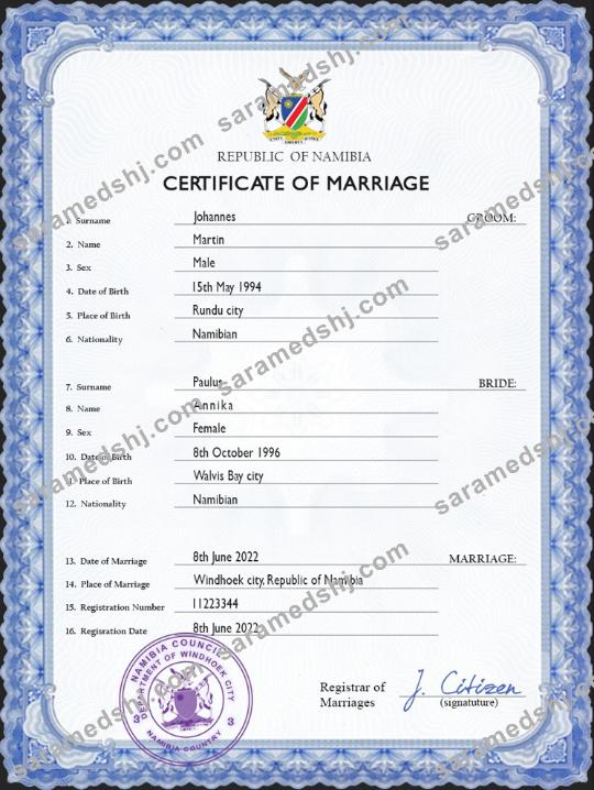 Namibia marriage certificate PSD template